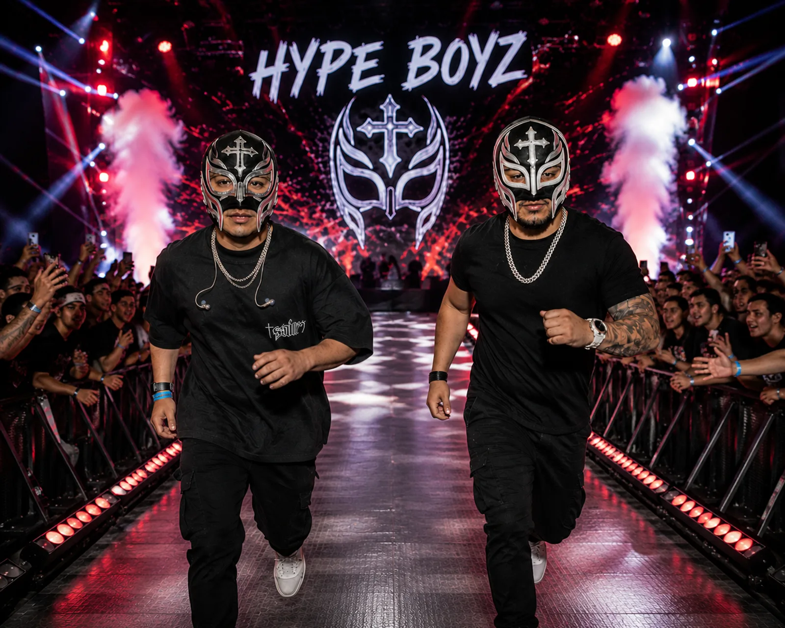 Hype Boyz walking out in wrestling masks to a roaring crowd